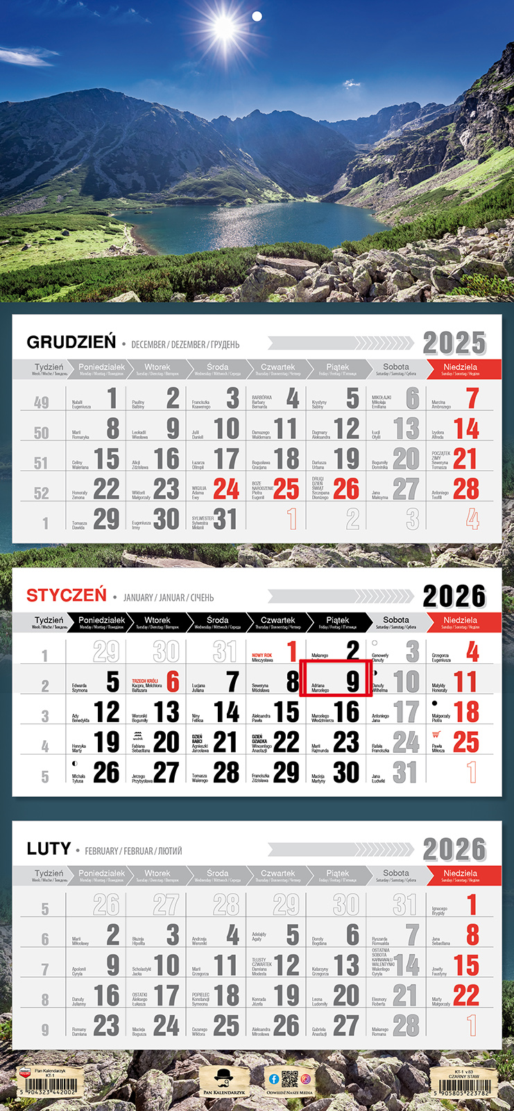 Kalendarz naścienny trójdzielny 32x68cm 2026 Czarny Staw Pan Kalendarzyk