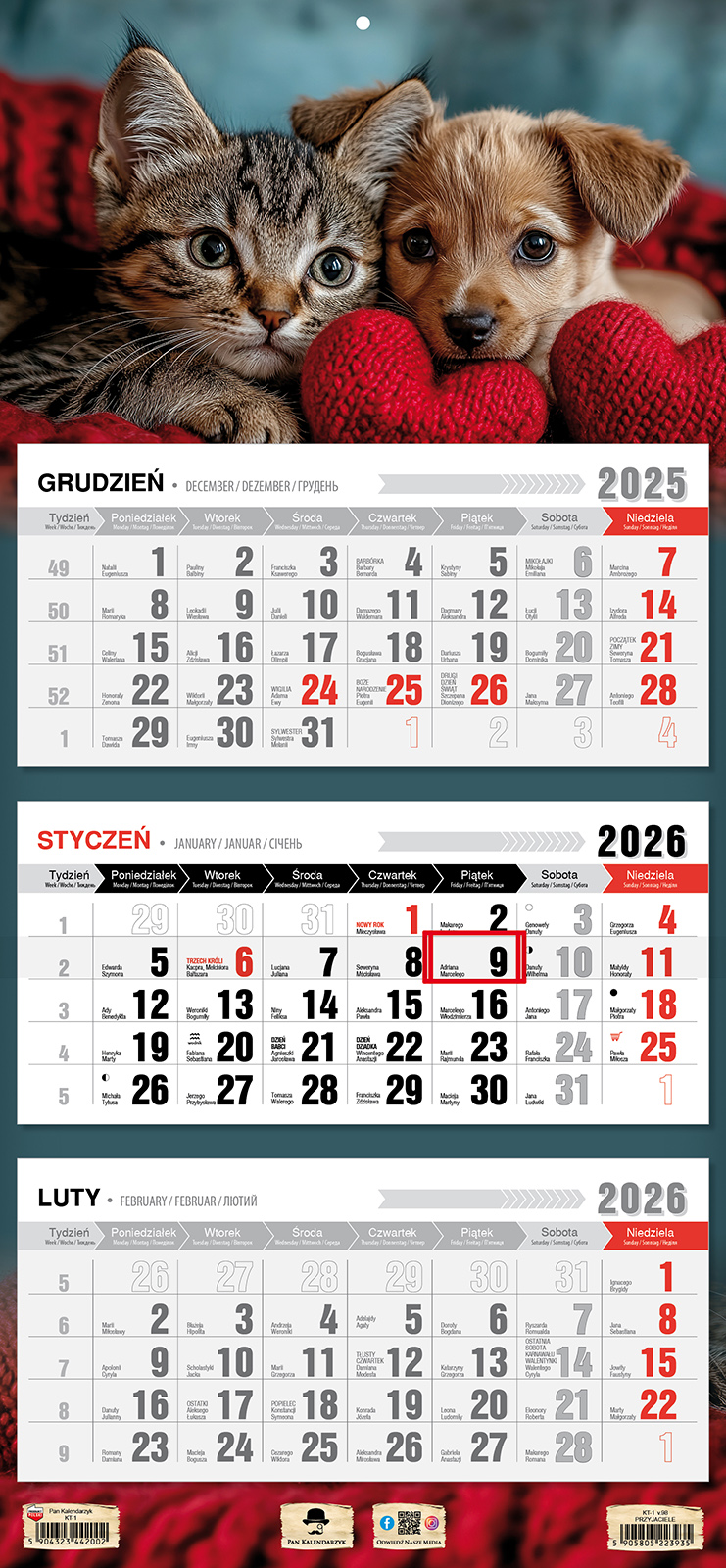 Kalendarz naścienny trójdzielny 32x68cm 2026 przyjaciele Pan Kalendarzyk