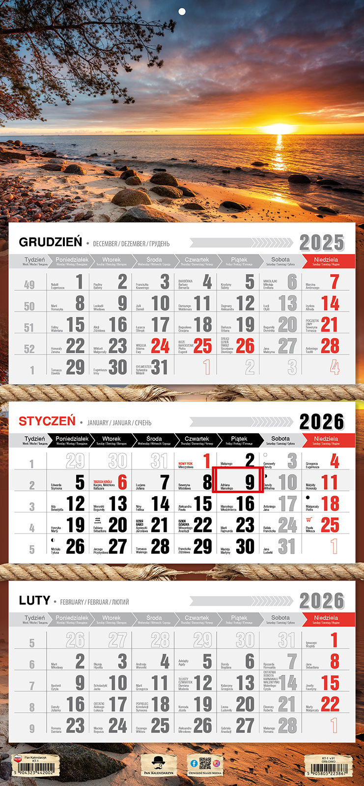 Kalendarz naścienny trójdzielny 32x68cm 2026 Orłowo Pan Kalendarzyk