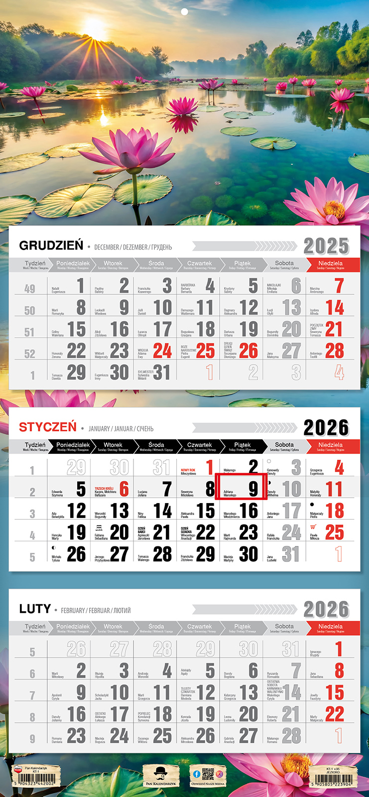 Kalendarz naścienny trójdzielny 32x68cm 2026 jezioro Pan Kalendarzyk