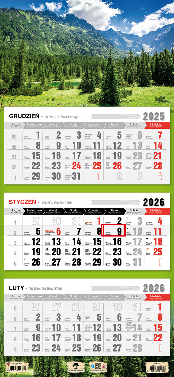 Kalendarz naścienny trójdzielny 32x68cm 2026 Tatry Pan Kalendarzyk