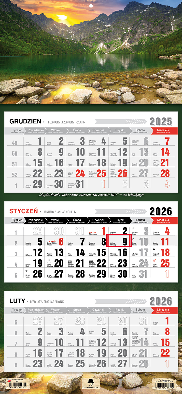 Kalendarz naścienny trójdzielny 32x68cm 2026 Tatry Pan Kalendarzyk