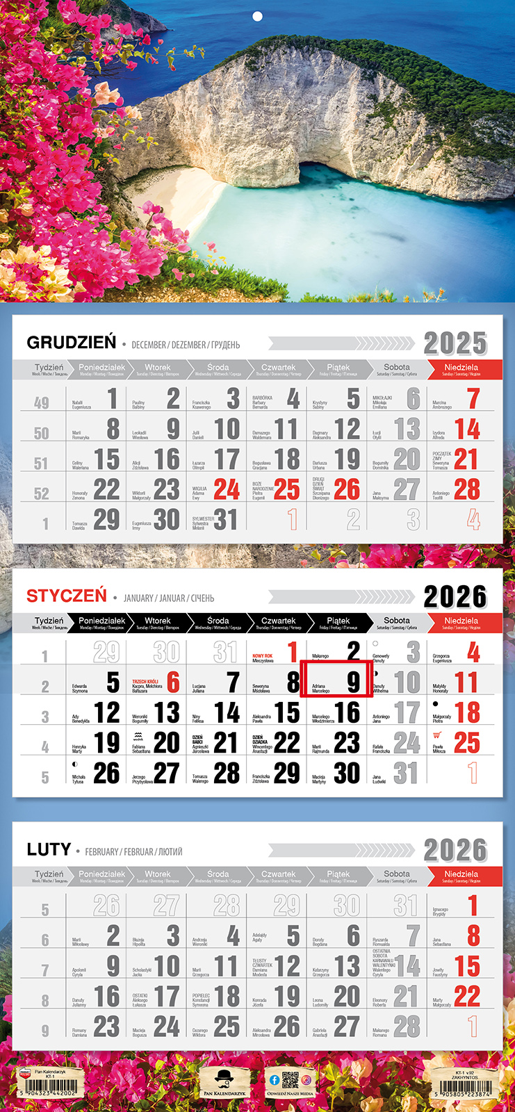Kalendarz naścienny trójdzielny 32x68cm 2026 Zakhyntos Pan Kalendarzyk