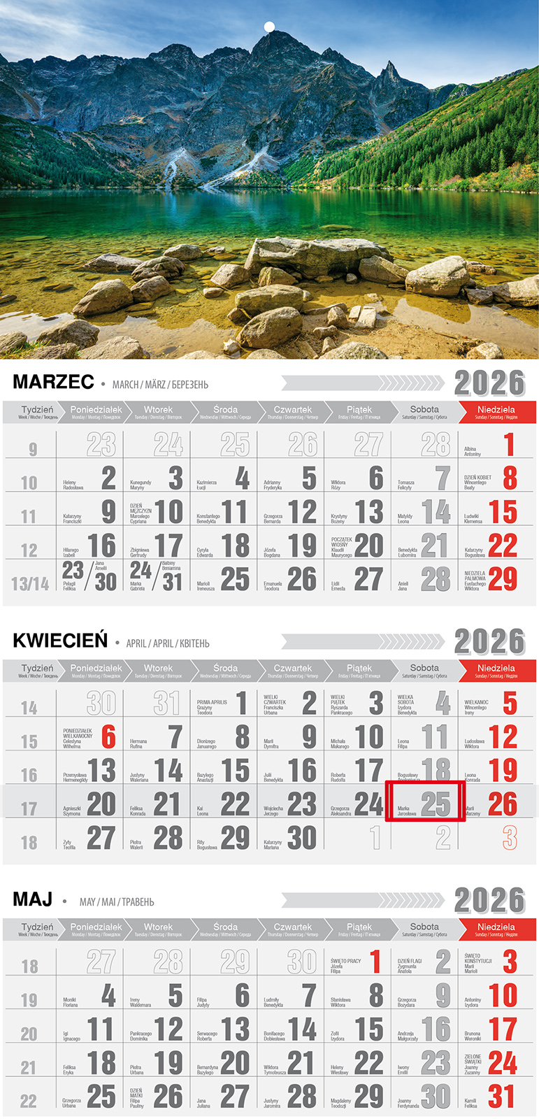Kalendarz naścienny trójdzielny z magnesem 32x68cm 2026 Tatry Pan Kalendarzyk