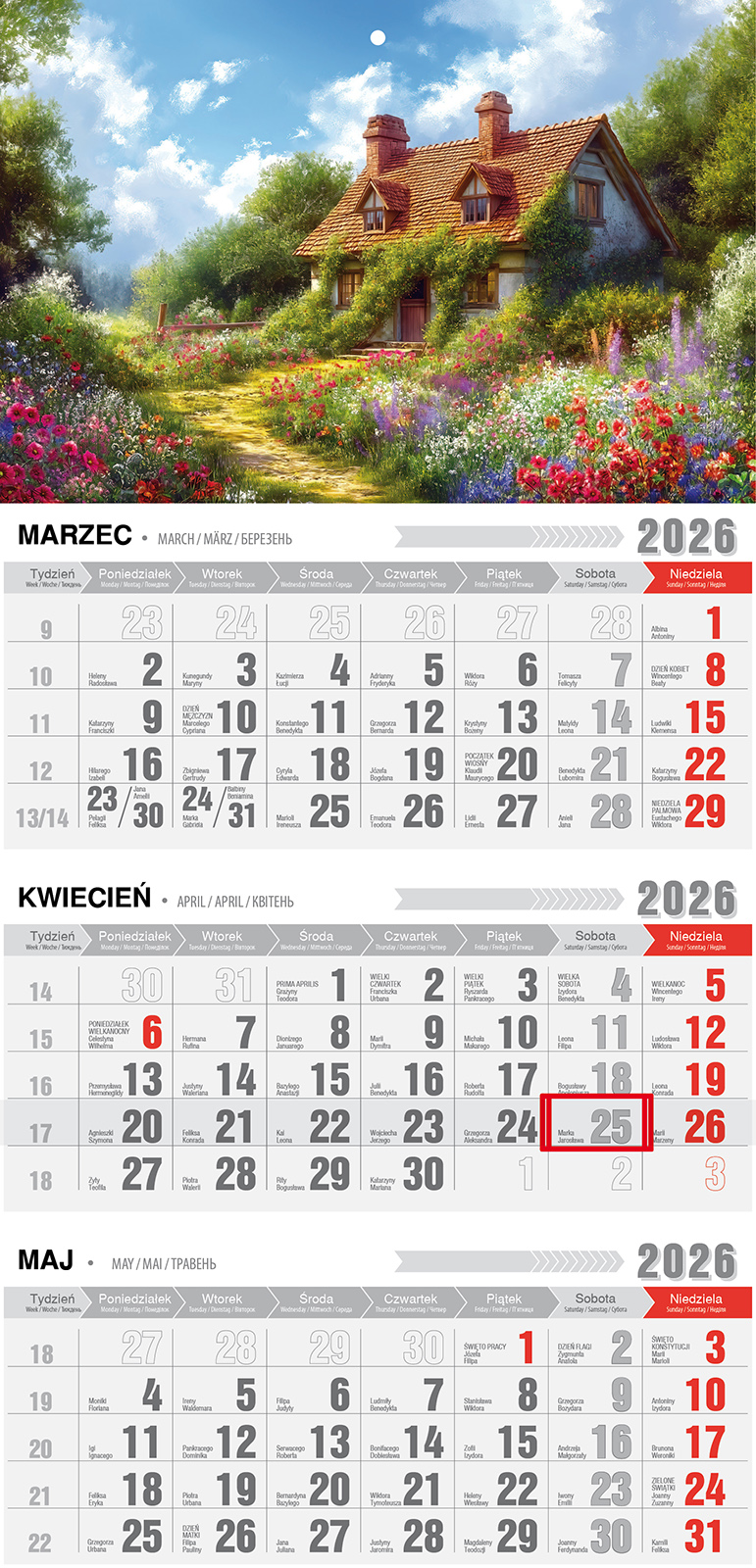 Kalendarz naścienny trójdzielny z magnesem 32x68cm 2026 romantico Pan Kalendarzyk