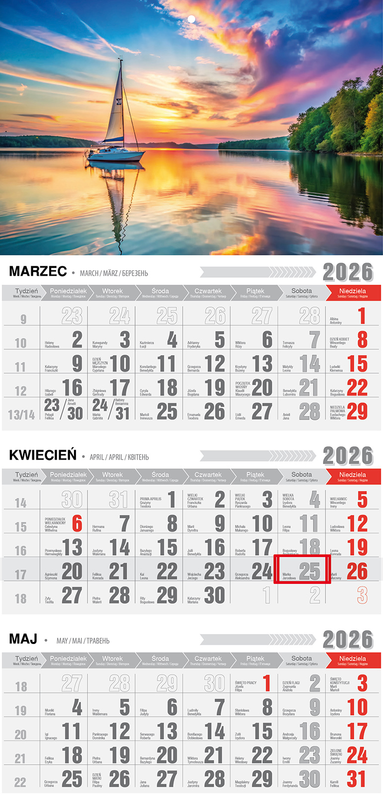 Kalendarz naścienny trójdzielny z magnesem 32x68cm 2026 Mazury Pan Kalendarzyk