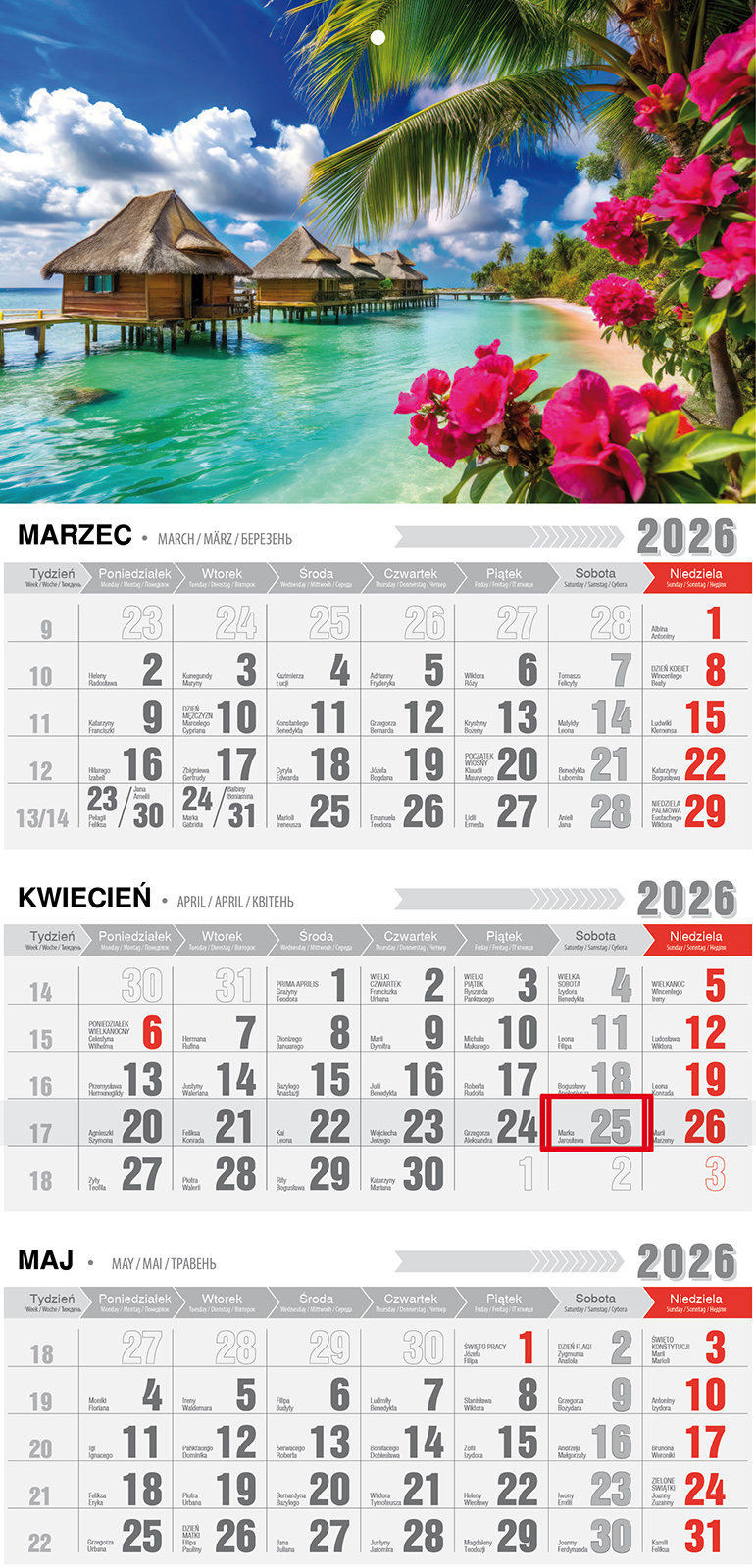 Kalendarz naścienny trójdzielny z magnesem 32x68cm 2026 tropik Pan Kalendarzyk