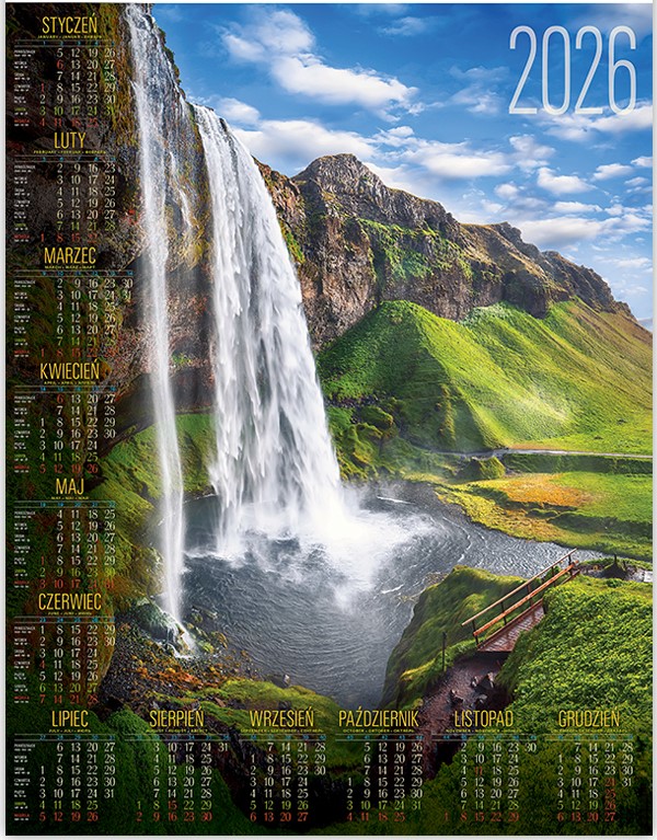 Kalendarz jednoplanszowy ścienny B1 68x98cm 2026 wodospad Telegraph