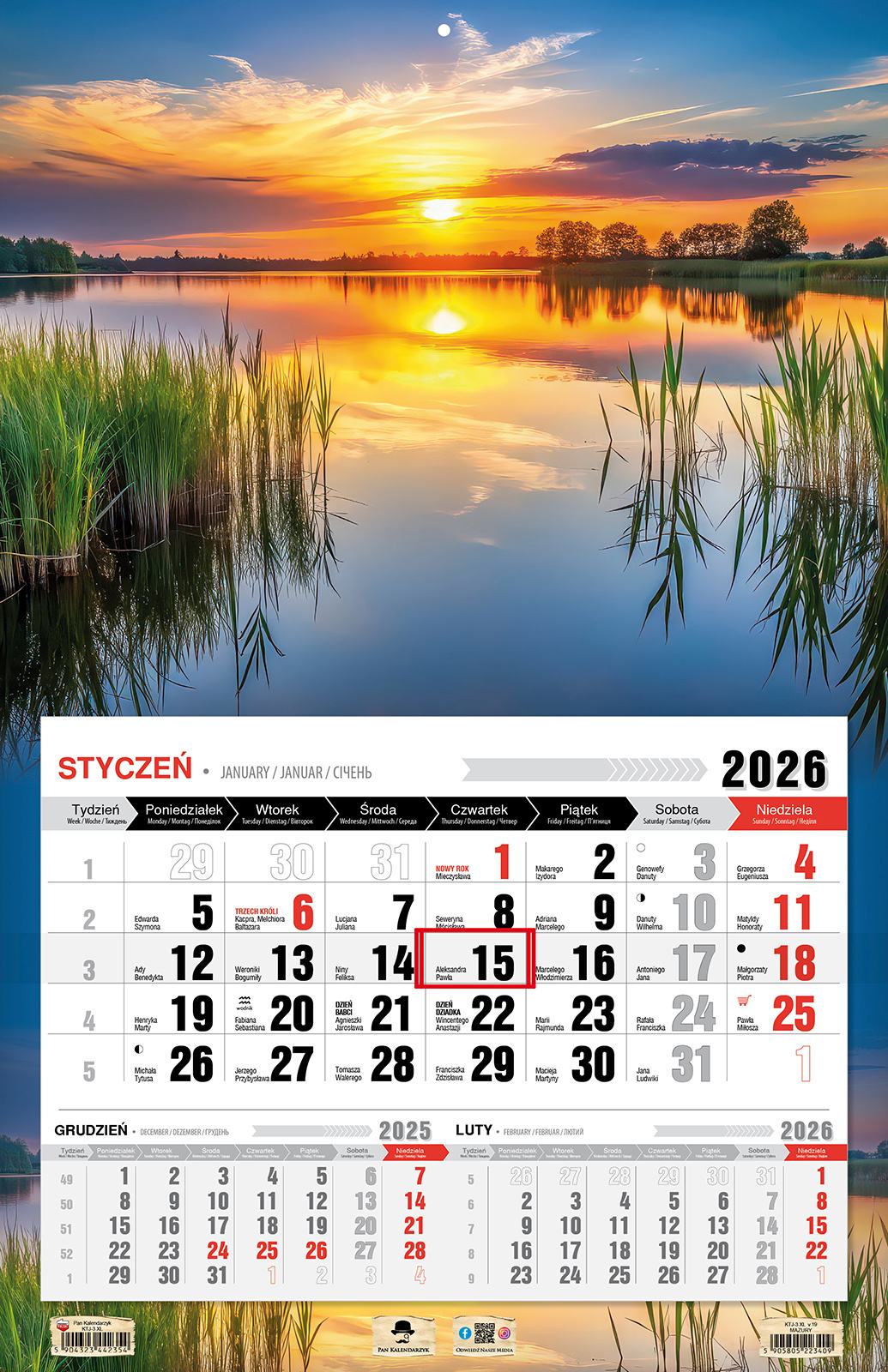 Kalendarz naścienny jednodzielny 44x68cm 2026 Mazury Pan Kalendarzyk