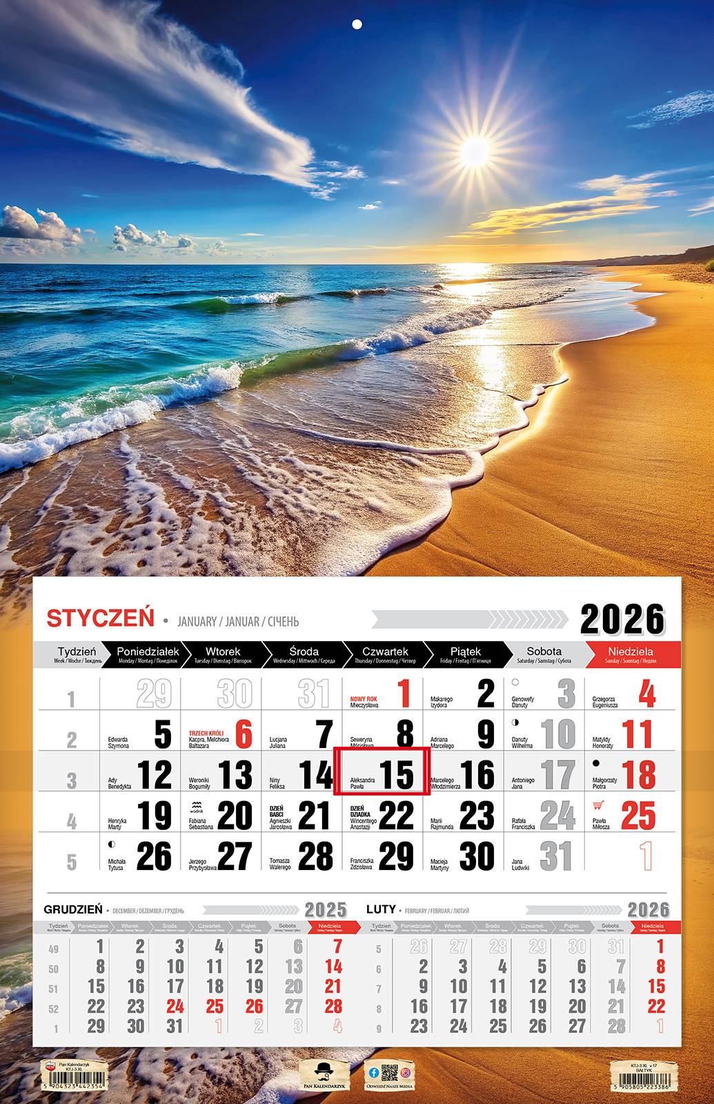 Kalendarz naścienny jednodzielny 44x68cm 2026 Bałtyk Pan Kalendarzyk