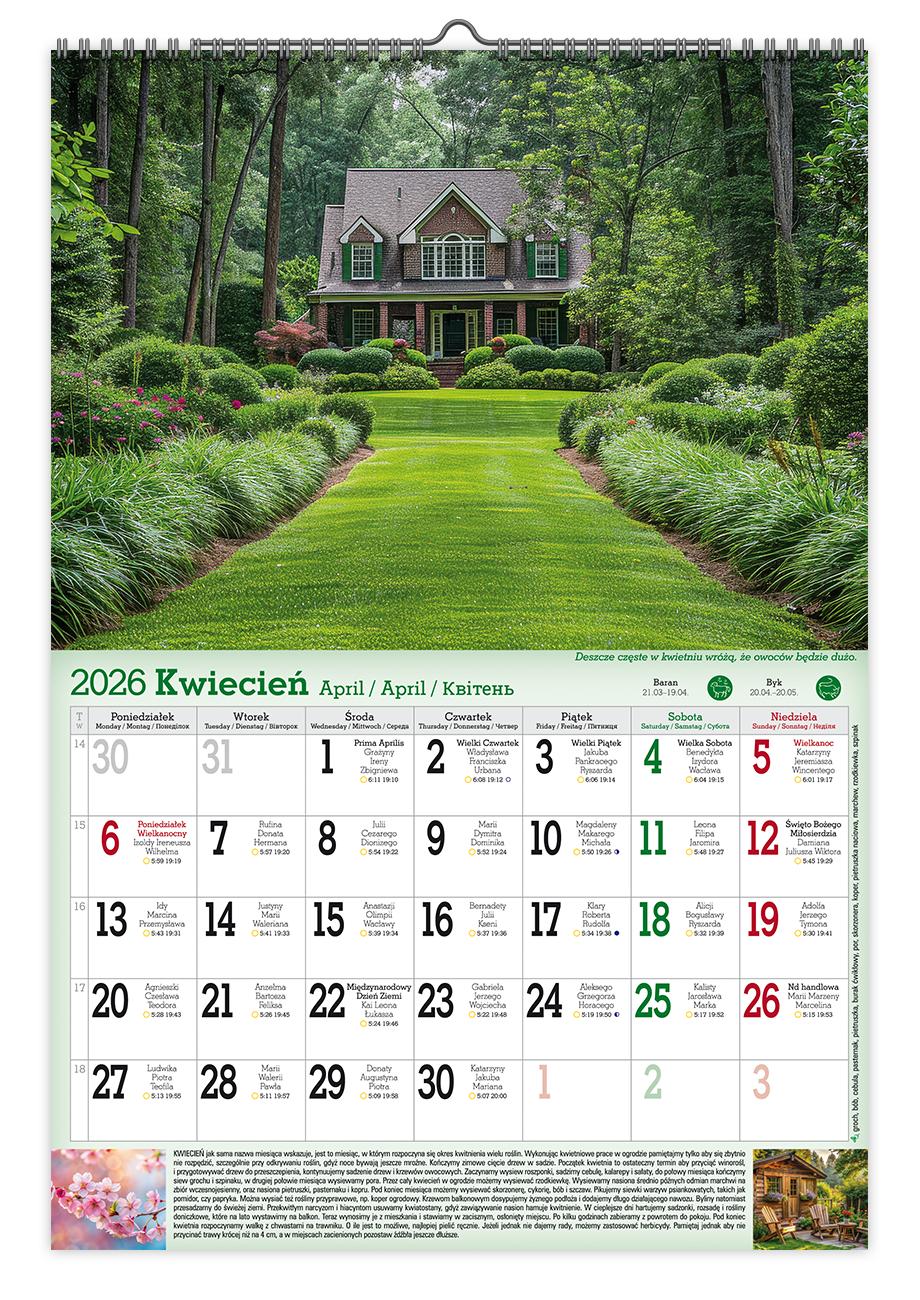 Kalendarz naścienny wieloplanszowy A3 2026 ogrody Pan Kalendarzyk