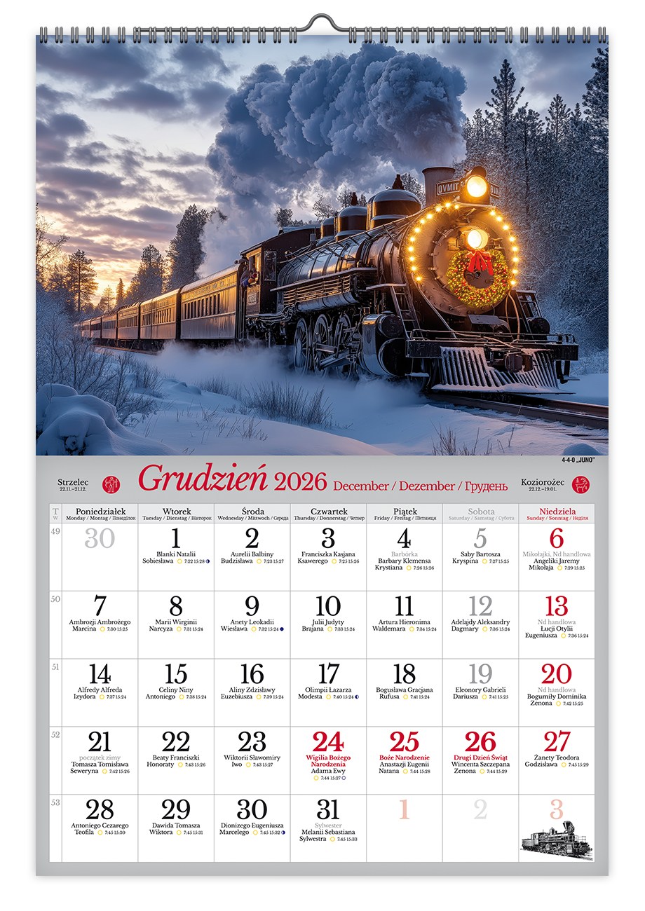 Kalendarz naścienny wieloplanszowy A3 2026 parowozy Pan Kalendarzyk