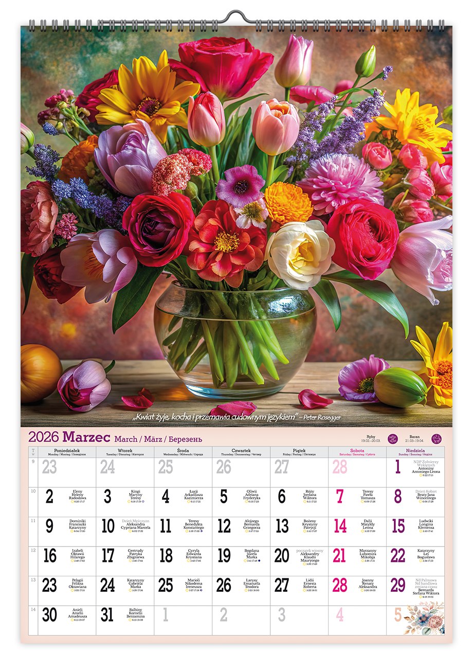 Kalendarz naścienny wieloplanszowy A2 2026 piękne bukiety Pan Kalendarzyk