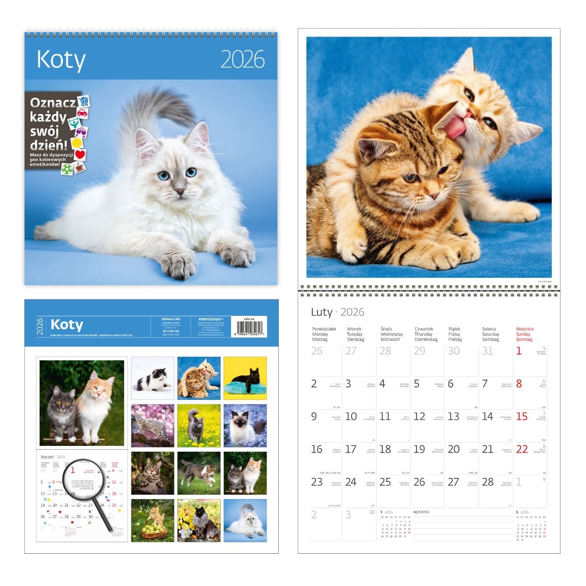 Kalendarz naścienny wieloplanszowy z naklejkami 30x60cm 2026 koty Helma