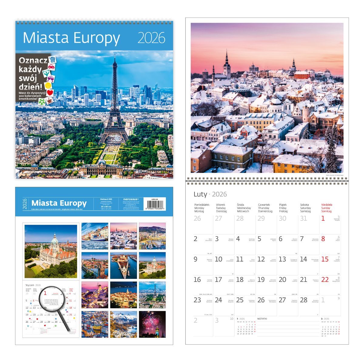Kalendarz naścienny wieloplanszowy z naklejkami 30x60cm 2026 miasta Europy Helma
