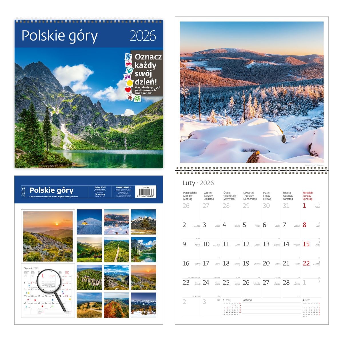 Kalendarz naścienny wieloplanszowy z naklejkami 30x60cm 2026 polskie góry Helma