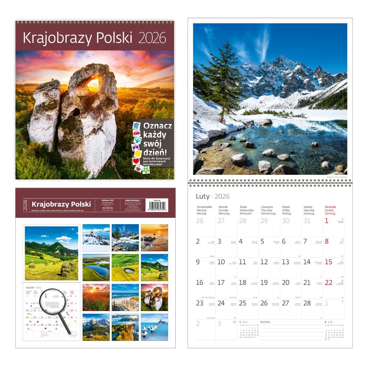 Kalendarz naścienny wieloplanszowy z naklejkami 30x60cm 2026 krajobrazy Polski Helma