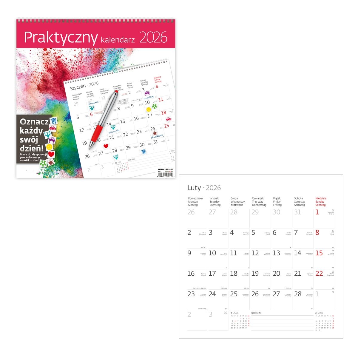 Kalendarz naścienny wieloplanszowy z naklejkami 30x30cm 2026 praktyczny Helma