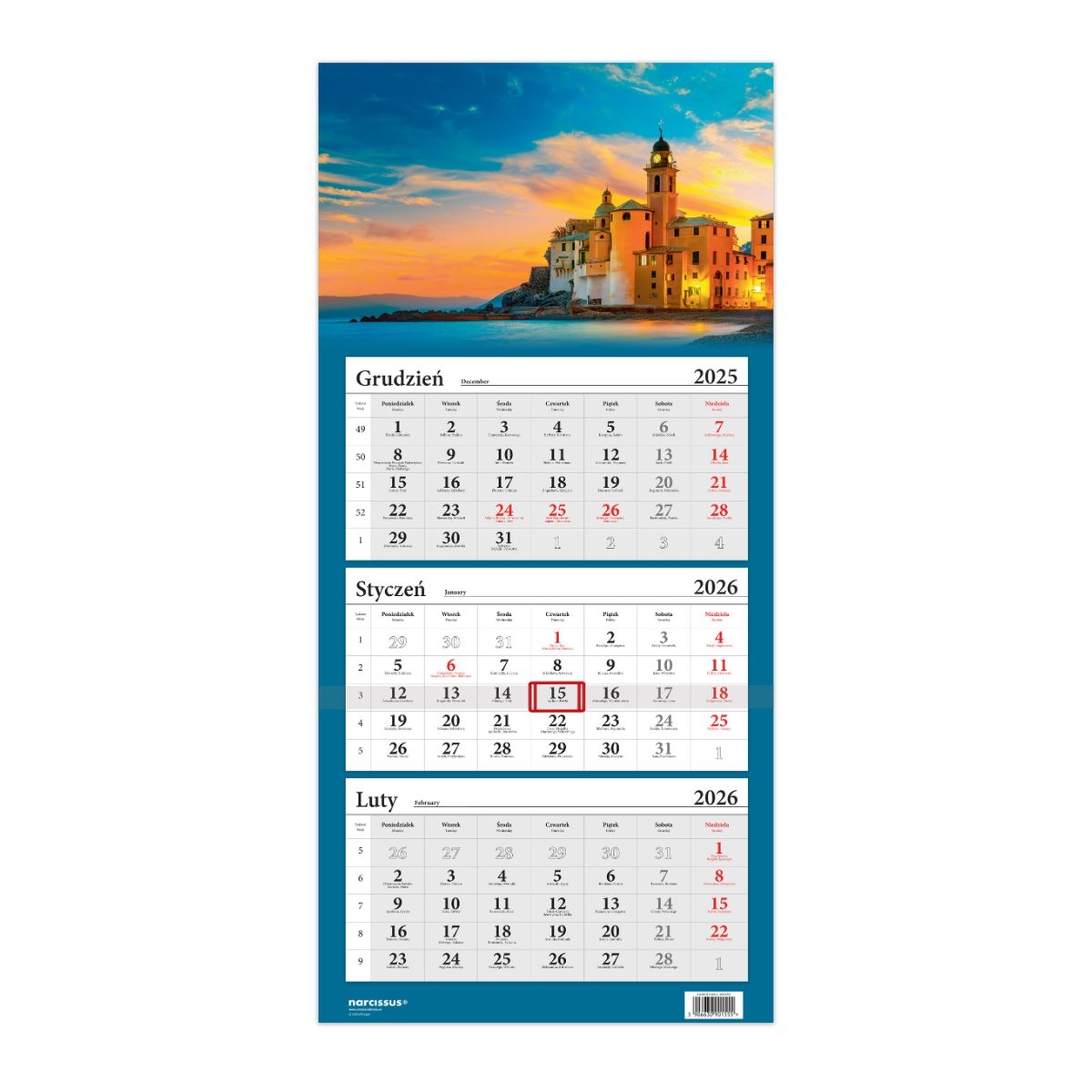 Kalendarz naścienny trójdzielny 32x67cm 2026 zachód słońca Włochy Helma