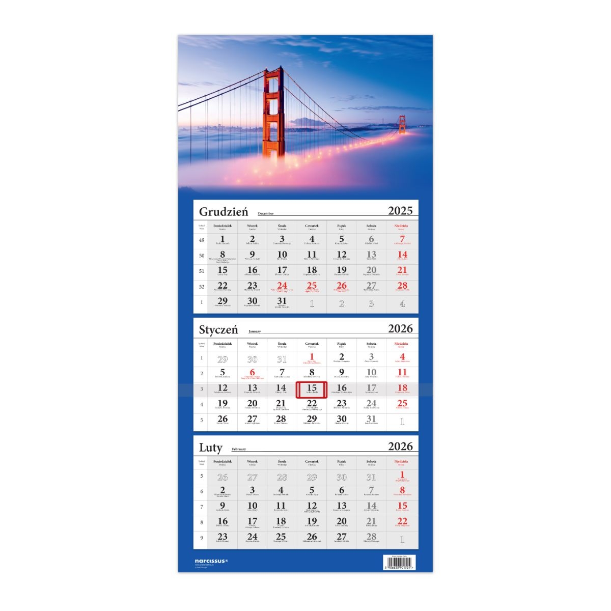 Kalendarz naścienny trójdzielny 32x67cm 2026 Golden Gate Helma