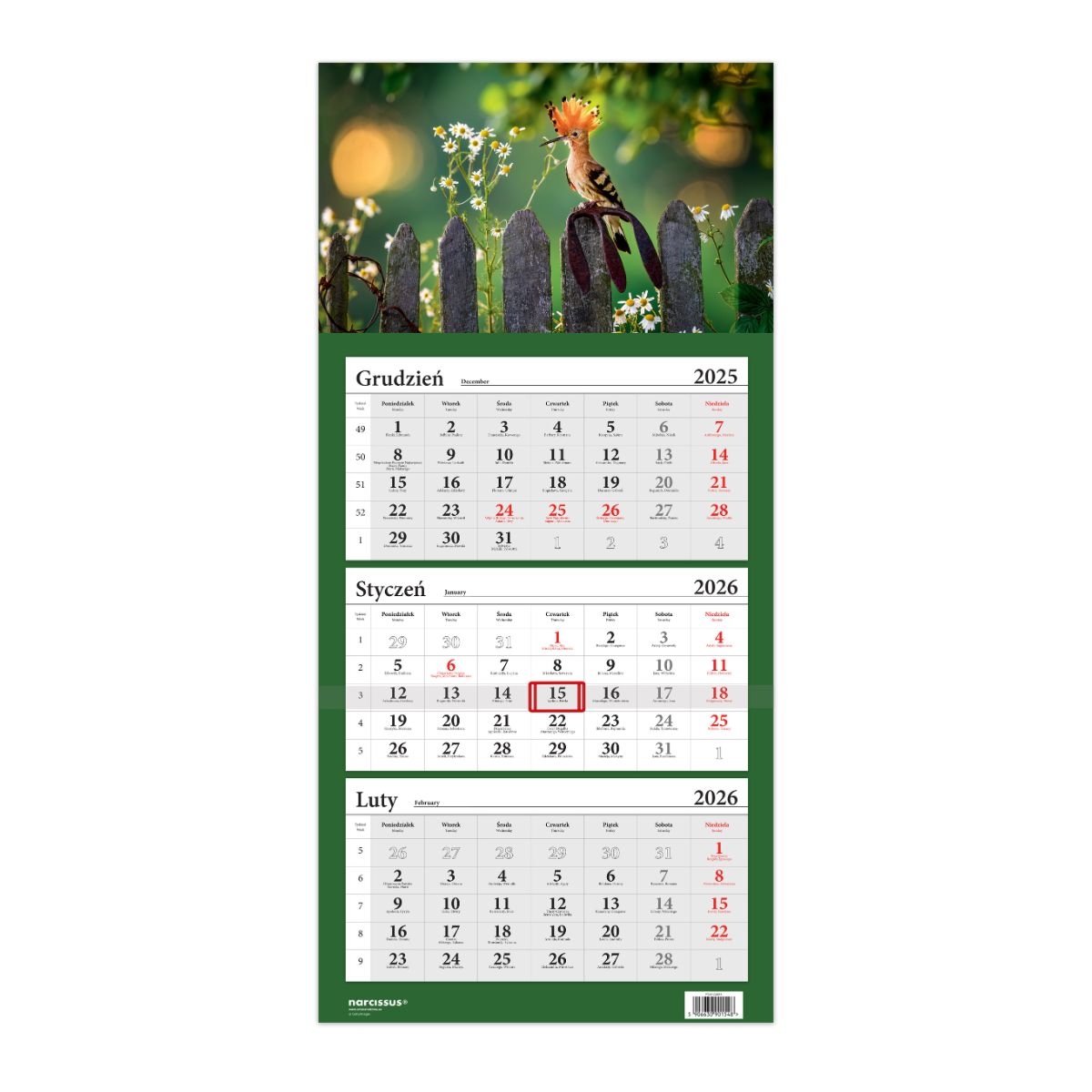 Kalendarz naścienny trójdzielny 32x67cm 2026 ptak dudek Helma