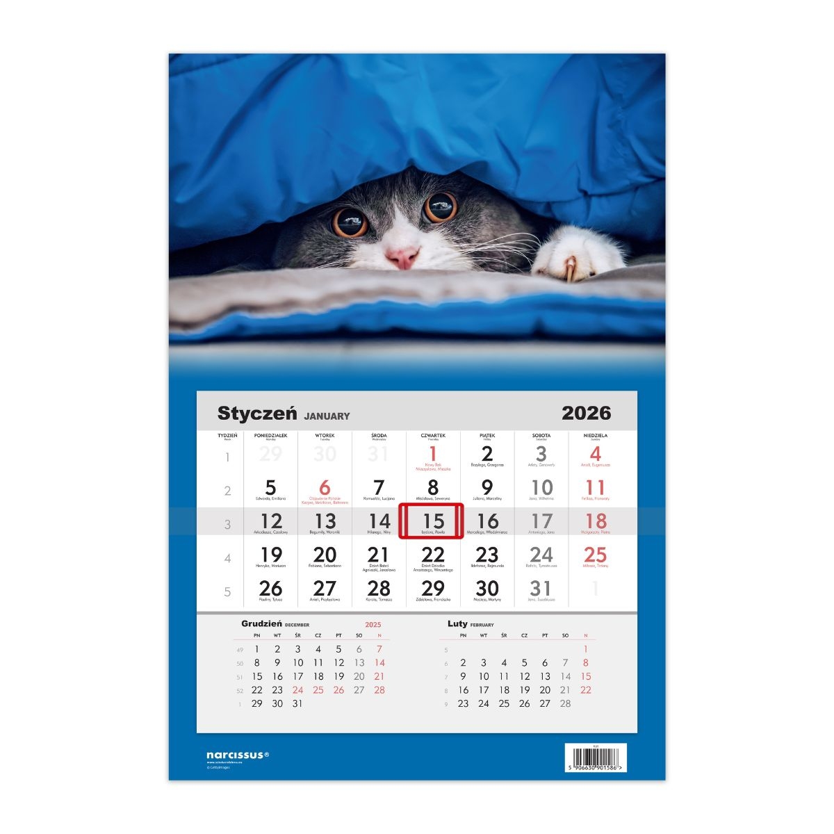 Kalendarz naścienny jednodzielny 32x48cm 2026 kot Helma