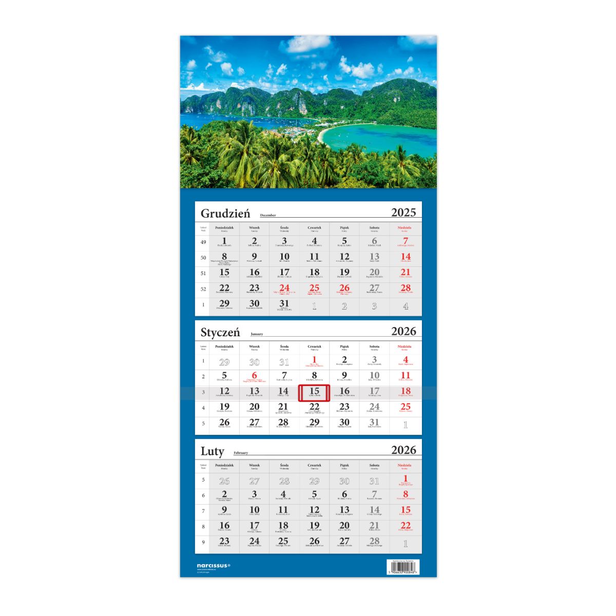 Kalendarz naścienny trójdzielny 32x67cm 2026 Lux Tajlandia Helma