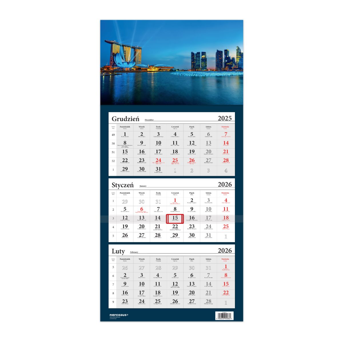 Kalendarz naścienny trójdzielny 32x67cm 2026 Lux Singapur Helma