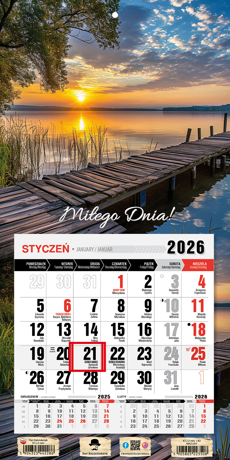 Kalendarz naścienny jednodzielny z magnesem 23x46cm 2026 Mazury Pan Kalendarzyk