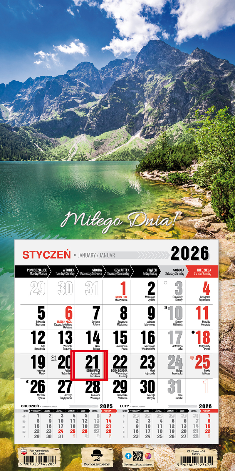 Kalendarz naścienny jednodzielny z magnesem 23x46cm 2026 Tatry Pan Kalendarzyk