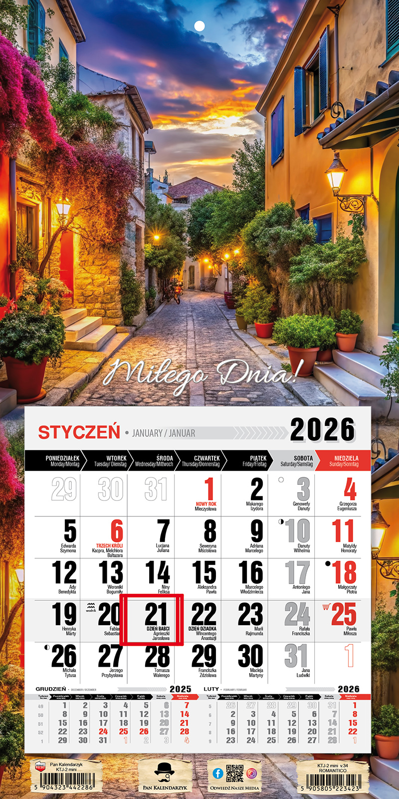 Kalendarz naścienny jednodzielny z magnesem 23x46cm 2026 romantico Pan Kalendarzyk