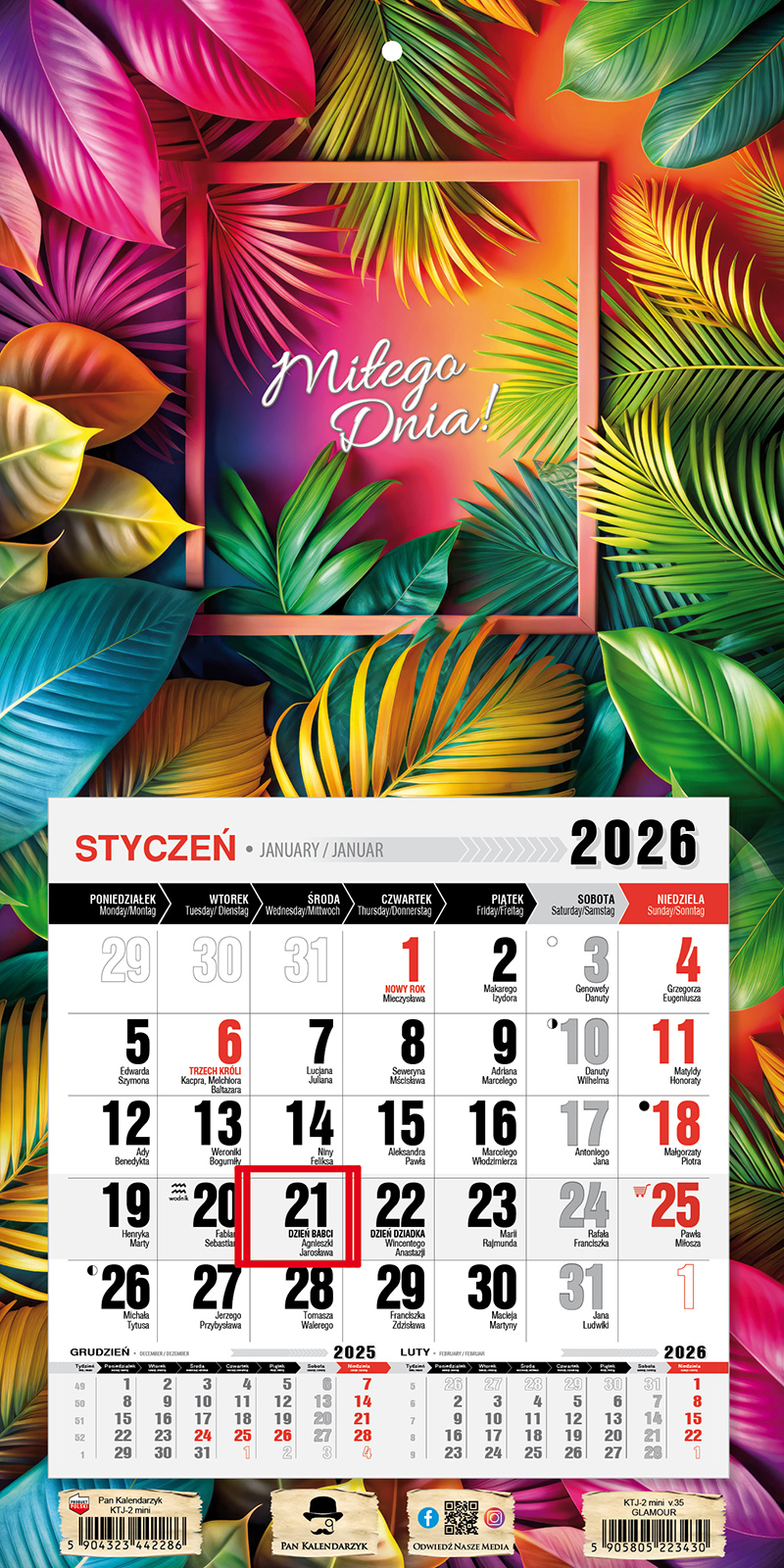 Kalendarz naścienny jednodzielny z magnesem 23x46cm 2026 glamour Pan Kalendarzyk