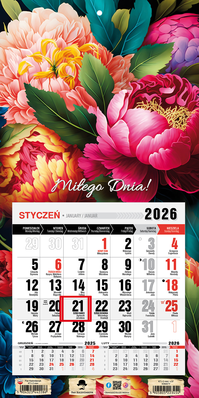 Kalendarz naścienny jednodzielny z magnesem 23x46cm 2026 kwiaty Pan Kalendarzyk