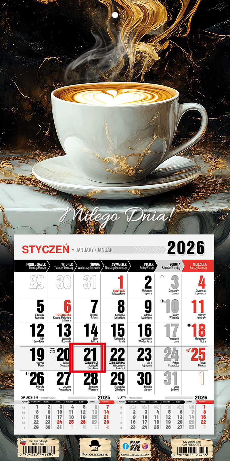 Kalendarz naścienny jednodzielny z magnesem 23x46cm 2026 kawa Pan Kalendarzyk