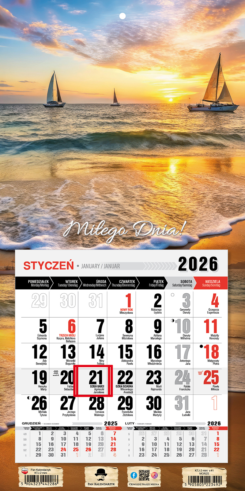 Kalendarz naścienny jednodzielny z magnesem 23x46cm 2026 morze Pan Kalendarzyk