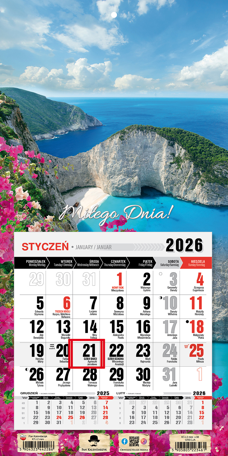 Kalendarz naścienny jednodzielny z magnesem 23x46cm 2026 Grecja Pan Kalendarzyk