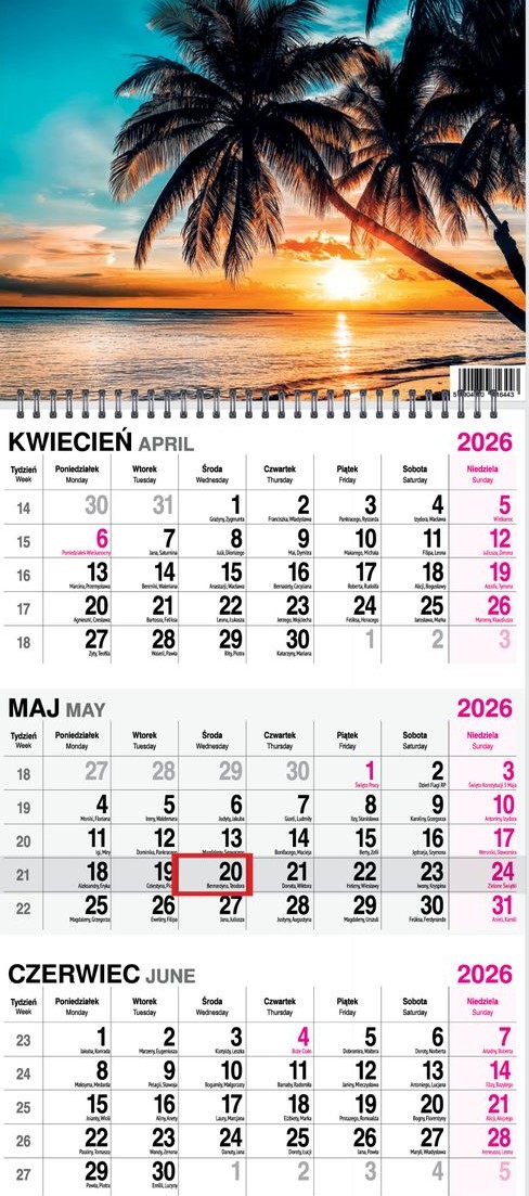 Kalendarz naścienny trójdzielny spirala 31x79cm 2026 plaża O-Press
