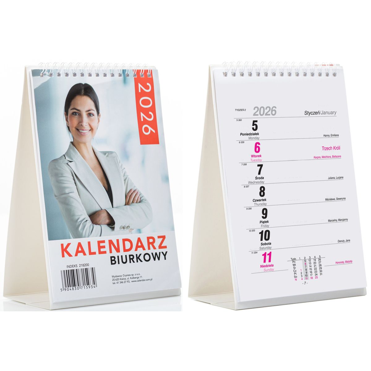 Kalendarz biurkowy pionowy tygodniowy A5 2026 O-Press