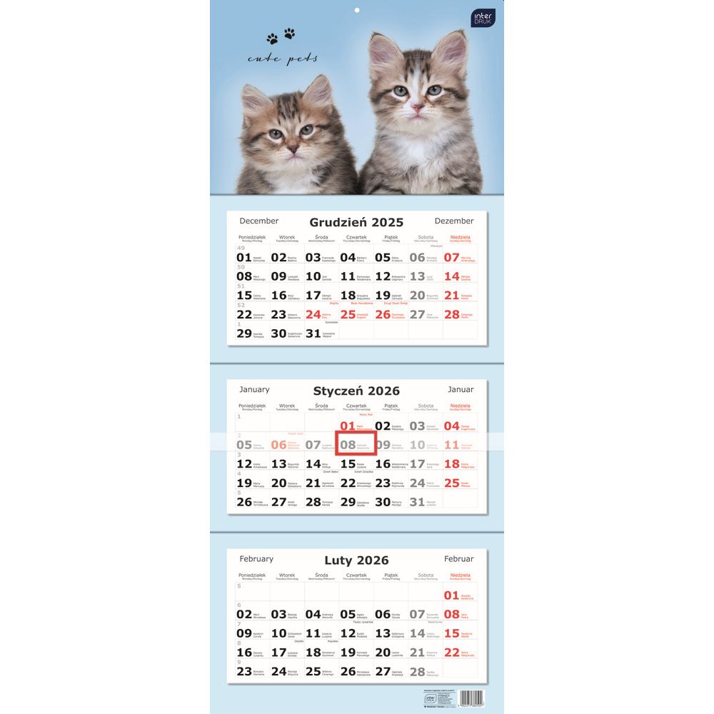 Kalendarz naścienny trójdzielny 34x83cm 2026 koty Interdruk
