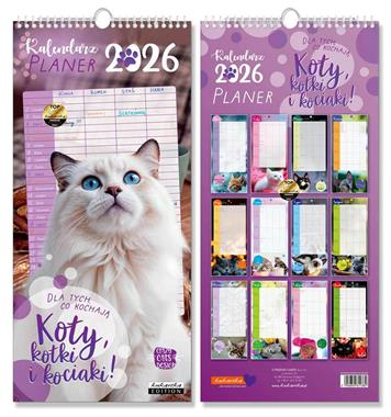 Kalendarz naścienny wieloplanszowy planer 21x45cm 2026 koty Kukartka