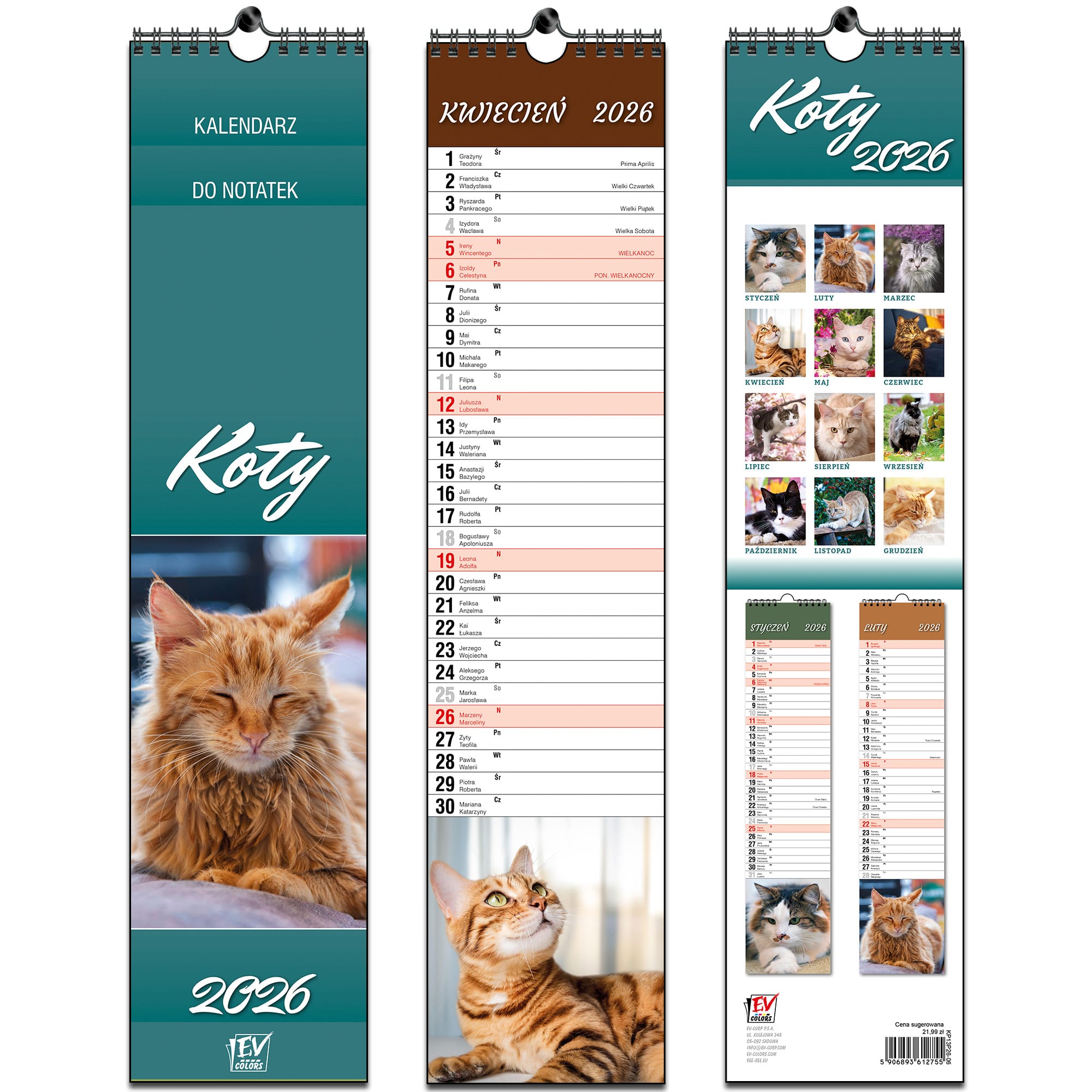Kalendarz naścienny wieloplanszowy 11x48cm 2026 koty EV-Corp