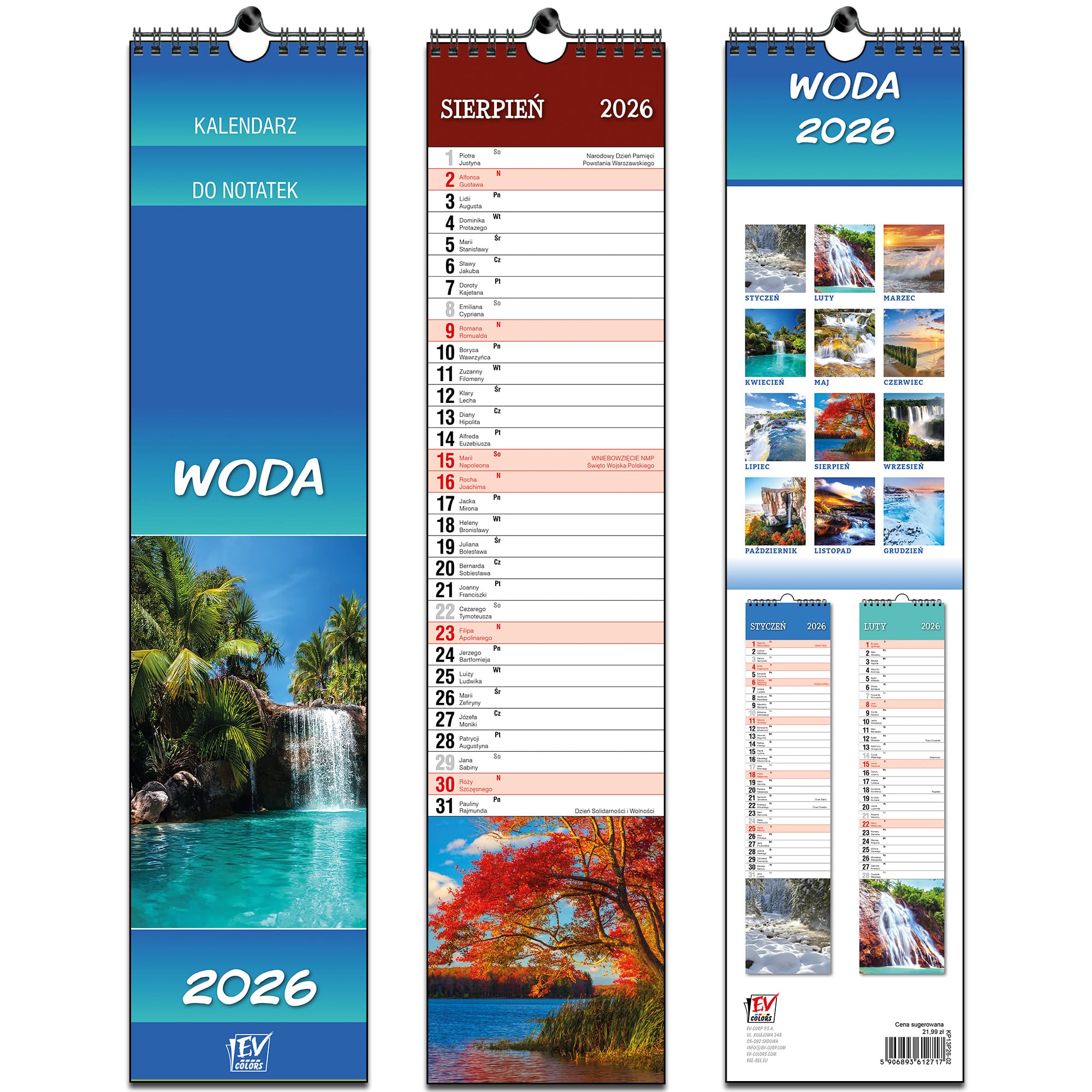 Kalendarz naścienny wieloplanszowy 11x48cm 2026 woda EV-Corp