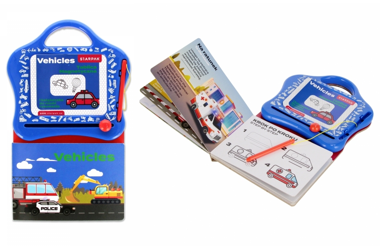 Tablica magnetyczna suchościeralna 16x16cm z książeczką do nauki rysunków pojazdy Starpak