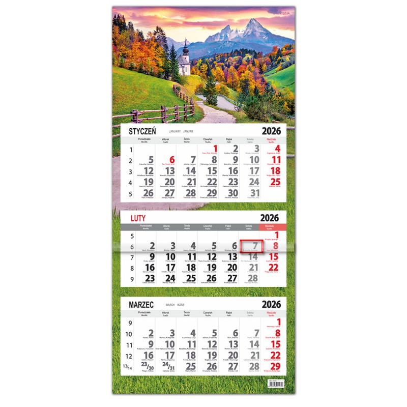 Kalendarz trójdzielny ścienny 32x85cm 2026 Sapt