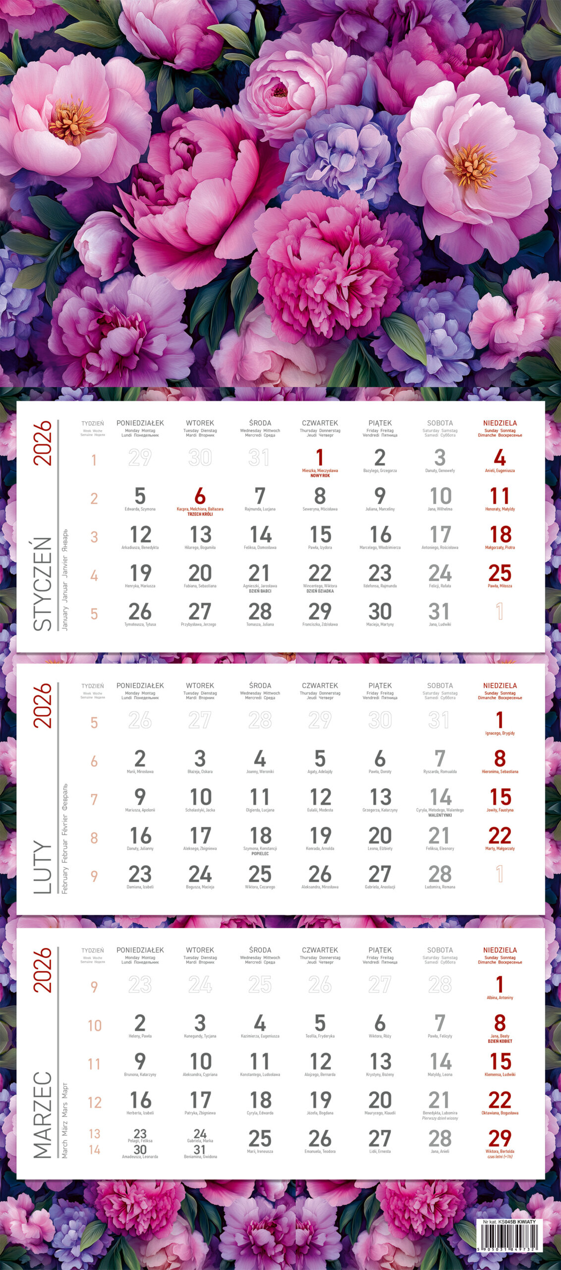 Kalendarz ścienny trójdzielny 30x85cm 2026 Wokół Nas