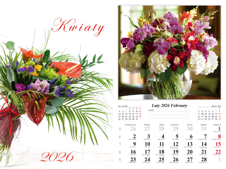 Kalendarz naścienny wieloplanszowy 32x48cm 2026 kwiaty Radwan