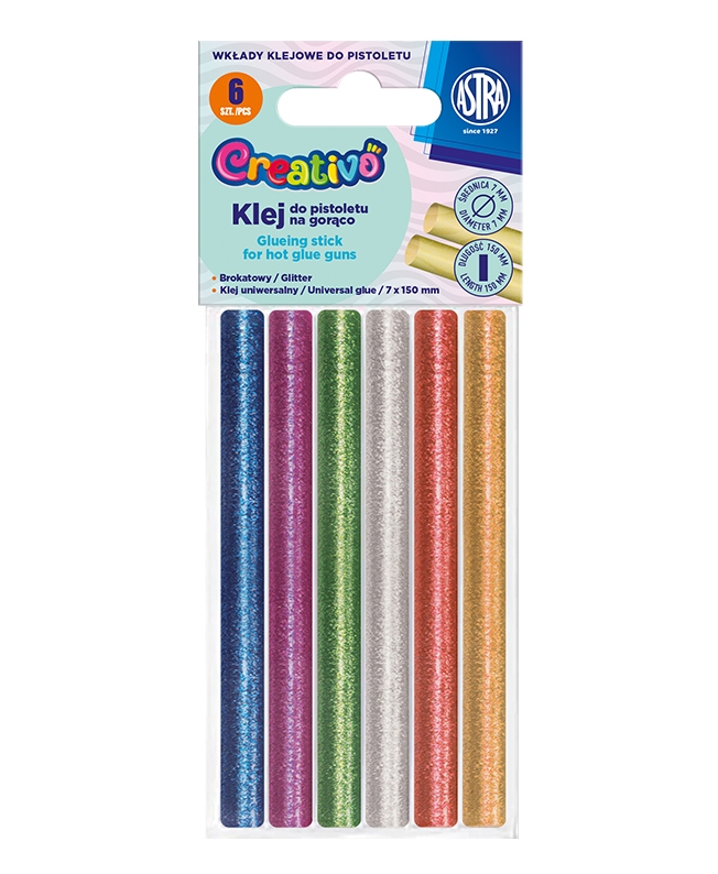 Wkłady klejowe do pistoletu brokatowe 7x150mm 6 kolorów Astra