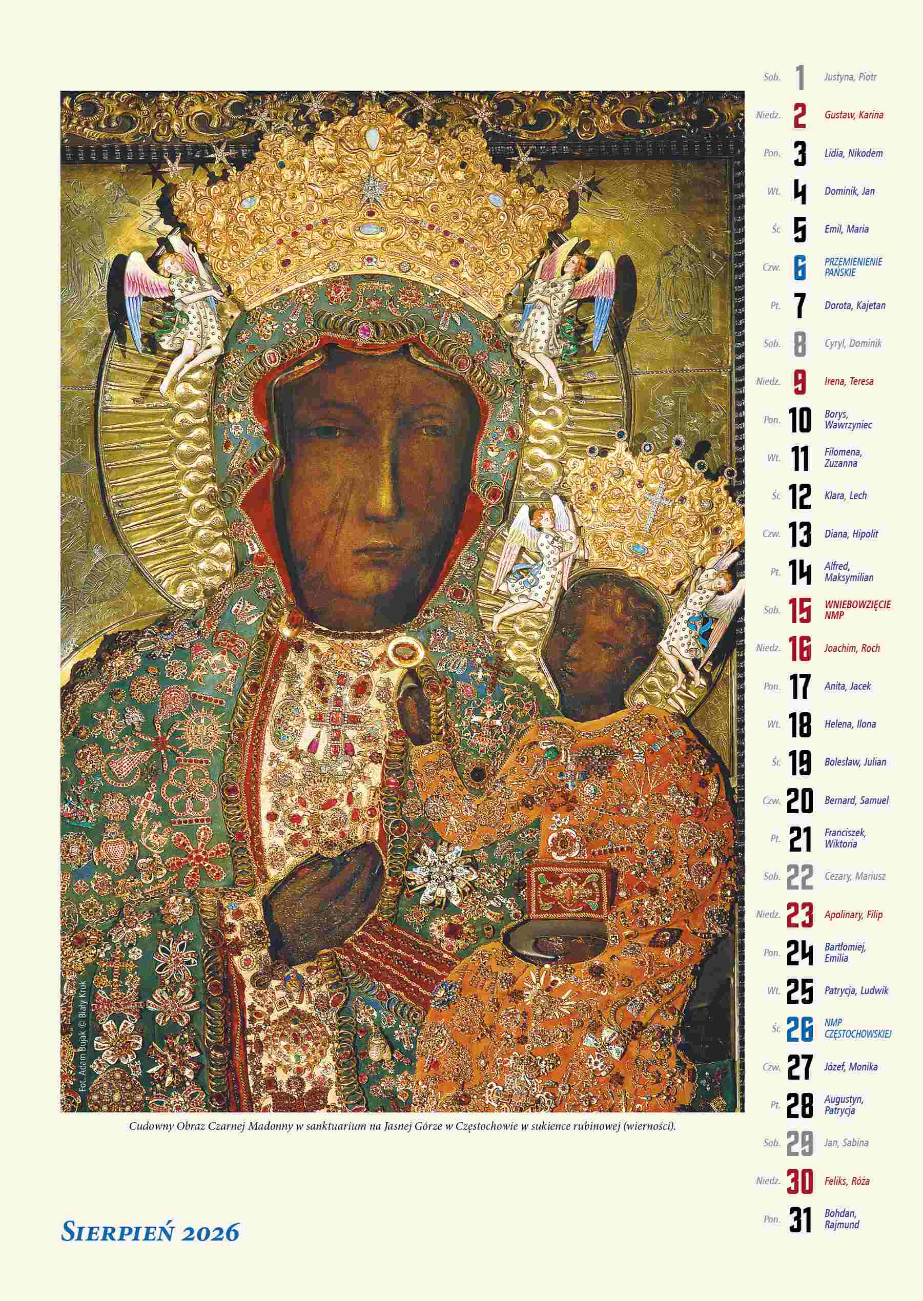 Kalendarz naścienny wieloplanszowy A3 2026 Maryja Królowa Polski Biały Kruk