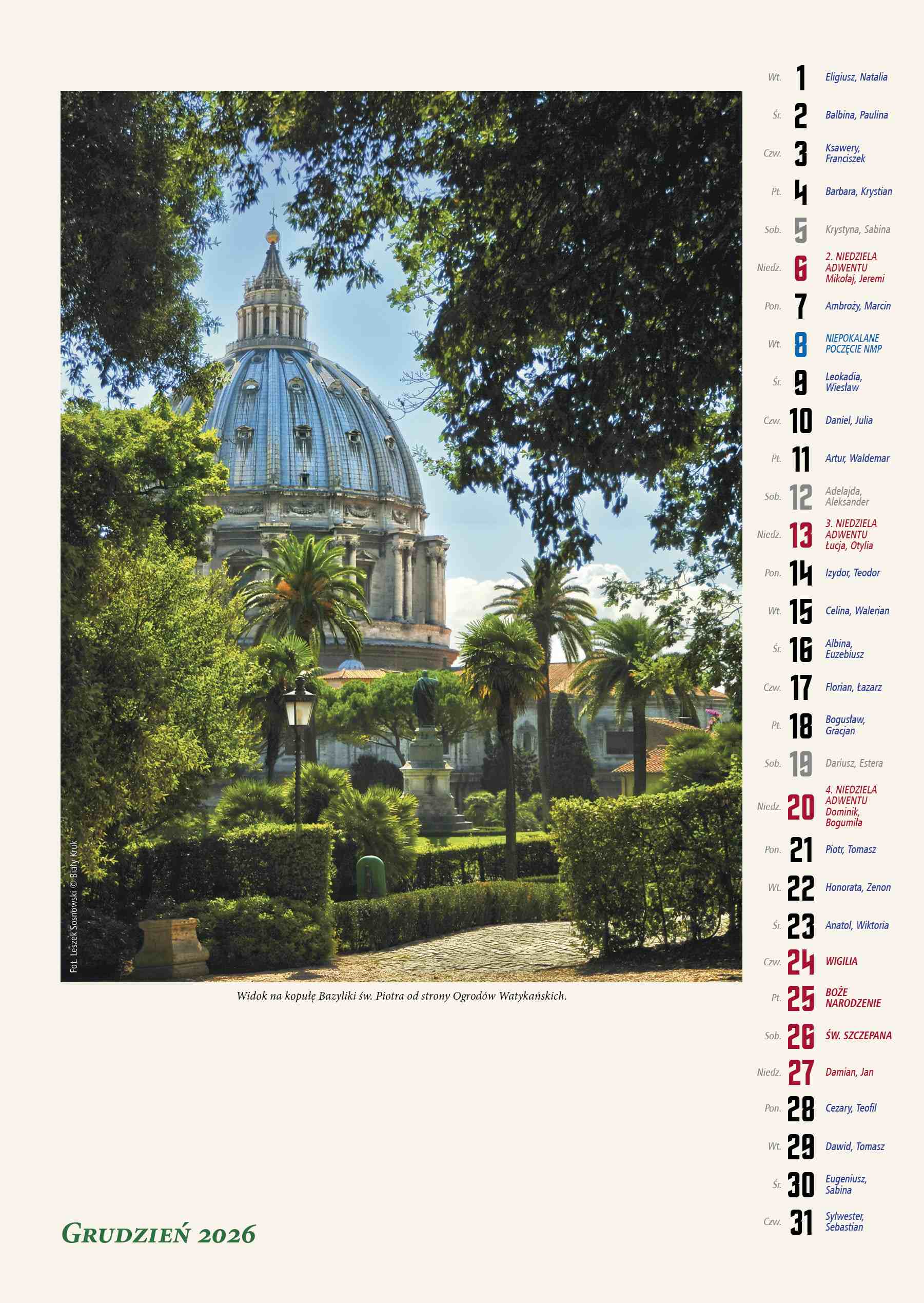 Kalendarz naścienny wieloplanszowy A3 2026 ogrody watykańskie Biały Kruk