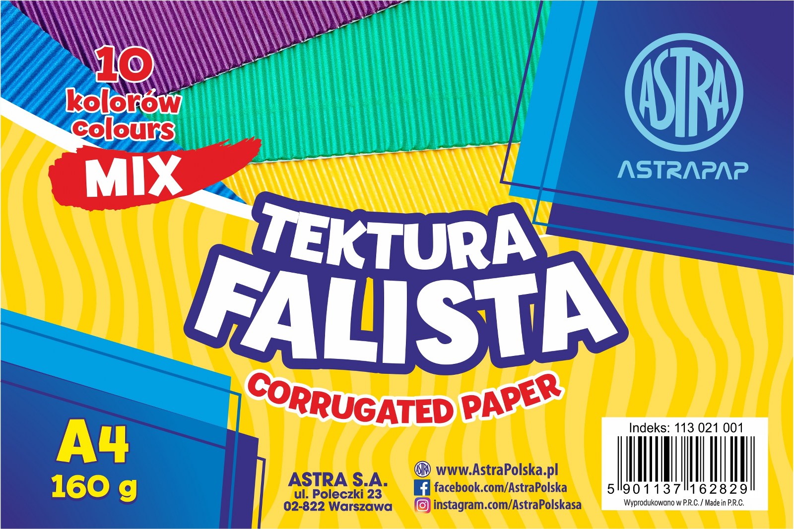 Tektura falista 160g A4/10kart mix kolory Astra